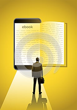 Back view of a businessman reading ebook