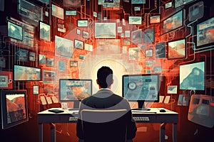 Back view of businessman sitting at desk in front of computer screens with high tech images, A man is working among many screens,