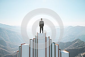 Back view of businessman standing on book mountain on sky background with mock up place. Education and challenge concept