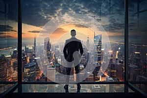 Back View of Businessman Wearing suit Standing in City Window Frame with Skyscraper View