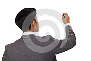 back view of businessman writing, drawing on blank space