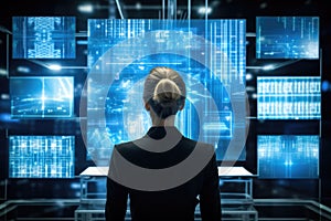 Back view of businesswoman against futuristic blue panel with diagrams and numbers, Rear view of businesswoman looking at hologram