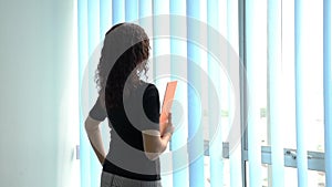 Back view of businesswoman holding a file facing office windows
