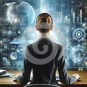 Back view of businesswoman working with computer in modern office. 3D rendering