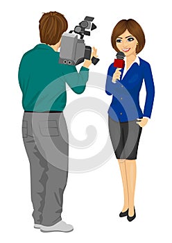 Back view of cameraman recording female journalist or TV reporter presenting the news in studio