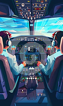 back view of captain pilot and co-pilot in airplane cabin, team two pilots in plane cockpit, professional aviation