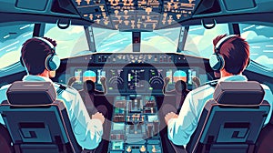 back view of captain pilot and co-pilot in airplane cabin, team two pilots in plane cockpit, professional aviation
