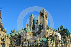 The back view of The Center Block and the Peace Tower in Parliament Hill, Ottawa
