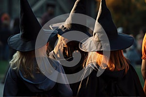 Back view of children dressed up with Halloween witch costumes to play trick or treat.