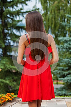 Back view close up portrait young beautiful brunette woman in red dress