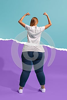 Back view. Collage with beautiful thin girl with body of plus-size woman isolated on colorful background. Weight loss