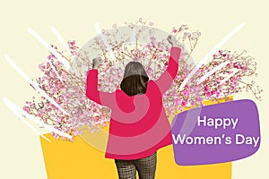 Back view collage of unknown strong powerful woman celebrate happy women day isolated on painted floral background photo