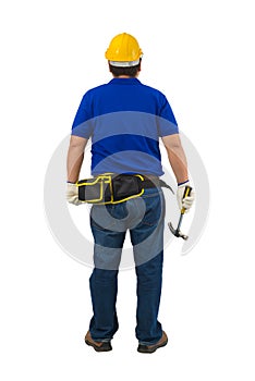 Construction man workers in blue shirt with Protective gloves, helmet with tool belt hand holding hammer isolated on white