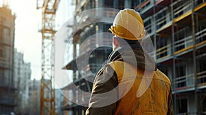 Back view at construction worker wearing hardhat while standing at high rise building