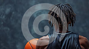 Back view of curly African young man, basketball player standing with ball and looking forward