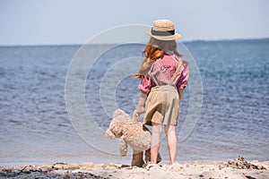 Child with teddy bear at seashore