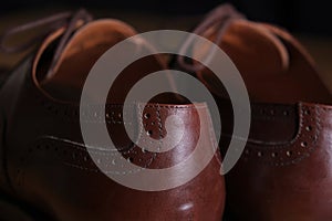 Back view detail of a pair of classic brown leather Brogue shoes with laces