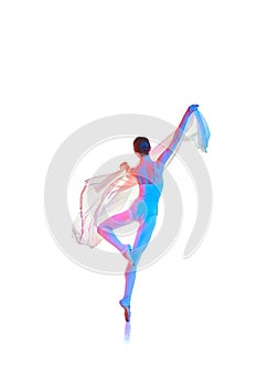 Back view of elegant woman, ballerina dancing with transparent fabric isolated on white studio background in neon light.