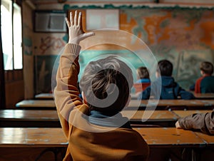 Back view of elementary student raising his hand to answer a question during class at school. By generative Ai
