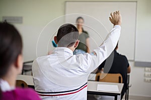 Back view of elementary students raising their arms on a class