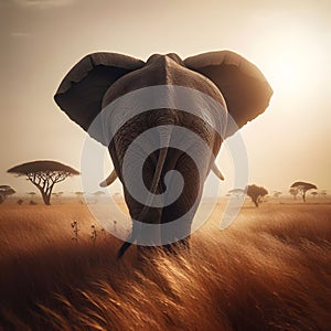 Back view of elephant on African savannah grassland