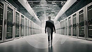 Back view of IT engineer walking through data center with working rack