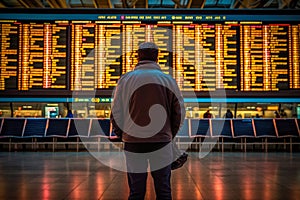 Back view of faceless man reading schedule and checking gate on flight information display system.AI generated