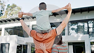 Back view of family, piggyback or real estate for new house, mortgage loan or property investment. Homeowner, man and
