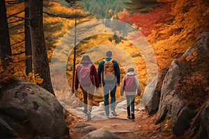 Back view of a family of three hiking in the autumn forest, Faceless family walking hike through colorful autumn forest, AI