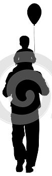 Back view of father carrying his son with balloon on shoulders vector silhouette.