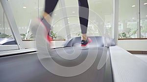 Back view of female legs walking and running on treadmill gym, woman training.