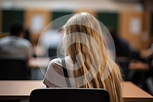 Back view of female student sitting at the desk and listening to lecture in lecture hall, A high school girl with flowing open