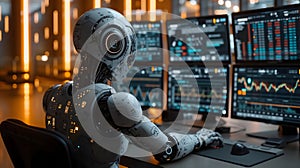 Back view of a financial analyst day trader robot working on computer with many screens that shows real-time stock data.