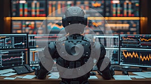 Back view of a financial analyst day trader robot working on computer with many screens that shows real-time stock data.