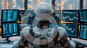 Back view of a financial analyst day trader robot working on computer with many screens that shows real-time stock data.