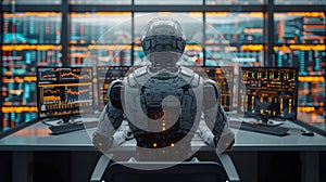 Back view of a financial analyst day trader robot working on computer with many screens that shows real-time stock data.