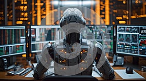 Back view of a financial analyst day trader robot working on computer with many screens that shows real-time stock data.