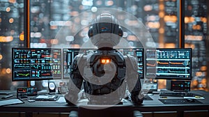 Back view of a financial analyst day trader robot working on computer with many screens that shows real-time stock data.