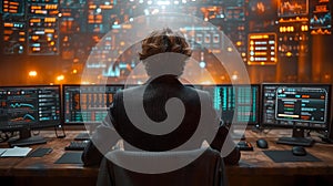 Back view of a financial analyst day trader working on computer with many screens that shows real-time stock data.