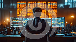 Back view of a financial analyst day trader working on computer with many screens that shows real-time stock data.