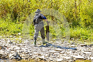 Back View of A Fisherman Walking Away from Credit River Shore Holding a Big Salmon