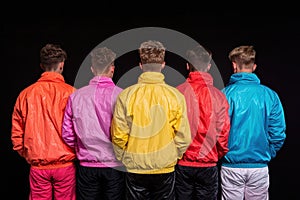 Back view of five men in colorful 80s style windbreakers photo