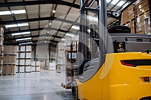 Back view of forklift in warehouse in the middle of stored goods.. Forklift driver preparing products for shipmennt