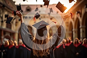 Back view of a girl in a cap and gown throwing graduation caps