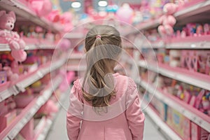 Back view of girl child in toy shop full of shelves with stereotypical pink toys