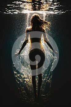 Back view of a girl in a dress under water. Generative AI