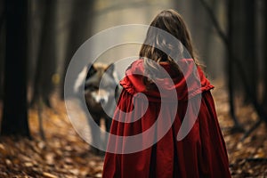 Back view of girl in red cloak with blurry wolk in forest background. Red riding hood fairytale photo
