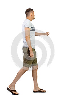 Back view of going pointing man in shorts