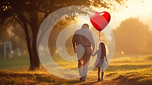 Back view of grandfather and grandchild walkingon park