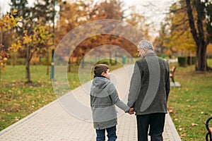 Back view of grandpa and grandson in park. Childhood. autumn